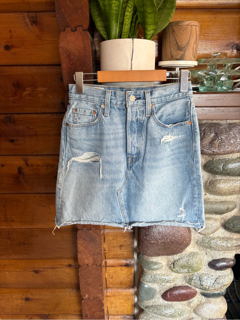 Levi’s Premium Big E Deconstructed Skirt Light Wash Distressed Denim Mini Skirt
